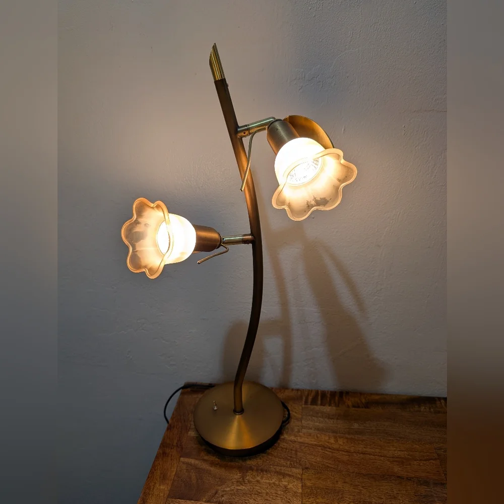 MCM Brass Desk Lamp - 2-Light Goose Neck with Scalloped Glass‎ Shades